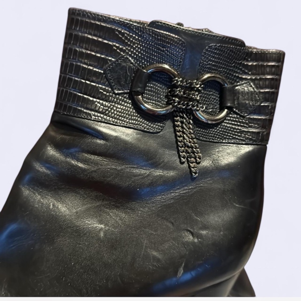 Via Spiga black booties bow ring buckle detail stacked heel square toe side zip - Picture 10 of 11